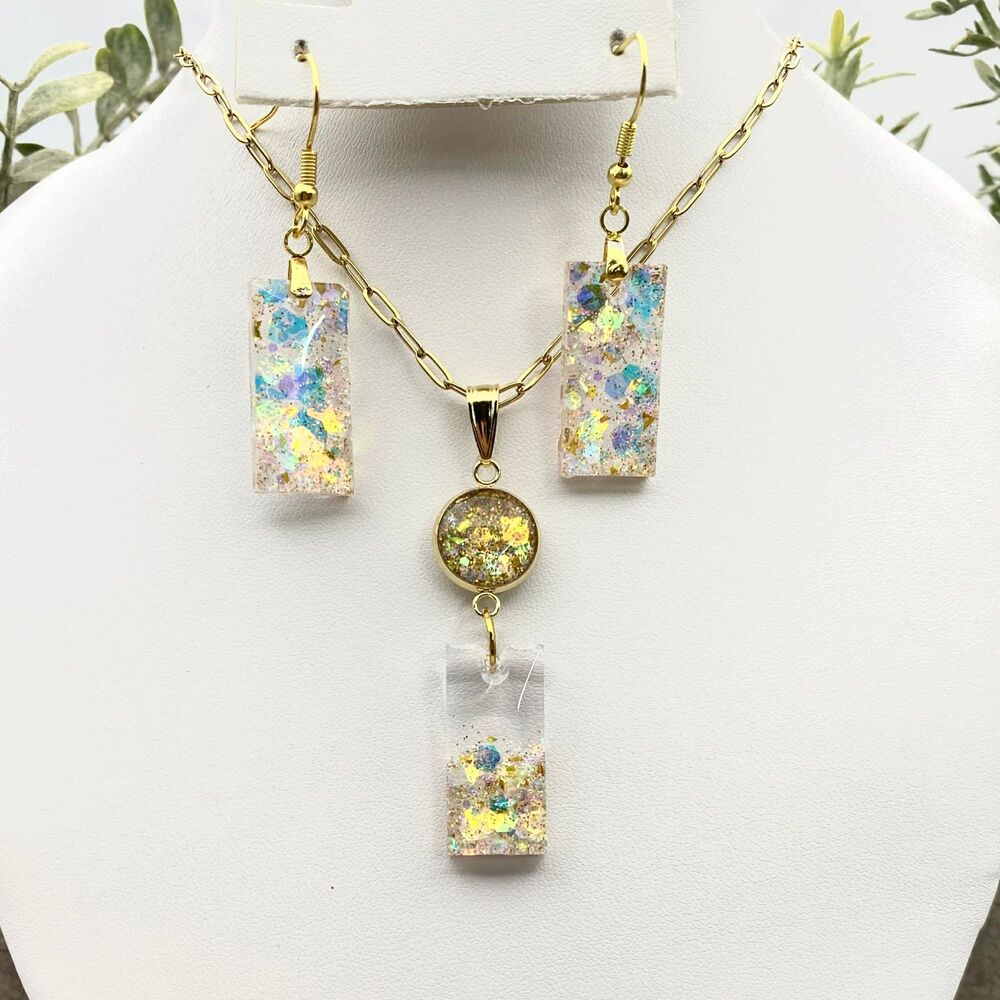 Handmade Iridescent Glitter Resin Necklace & Earrings Set - Gold Tone